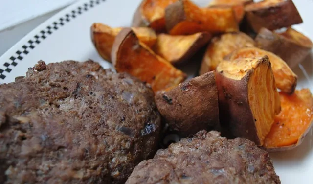 Naked Homemade Burgers with Sweet Potato Wedges Recipe