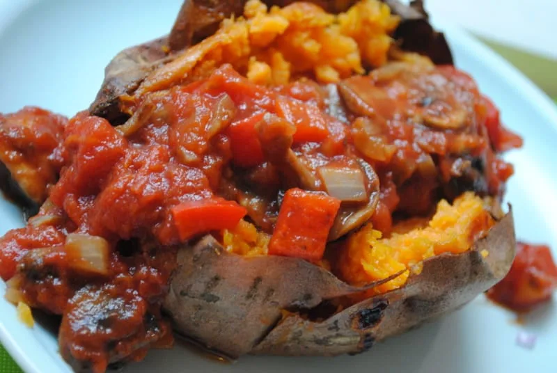Vegan Tomato and Mushroom Jacket Sweet Potatoes Recipe